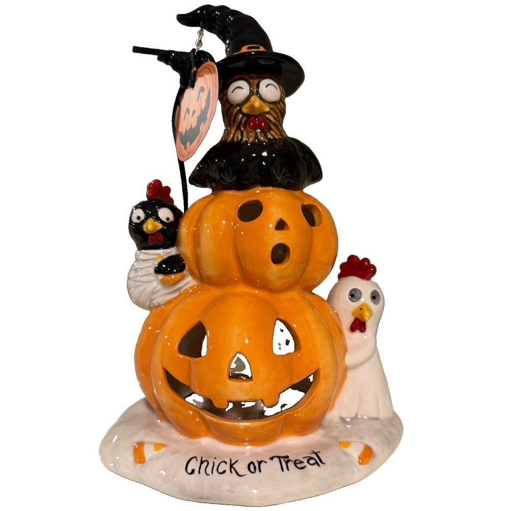 BLUE SKY CLAYWORKS "CHICK OR TREAT" CHICKENS, PUMPKINS T-LITE CANDLE HOUSE‎ NWT